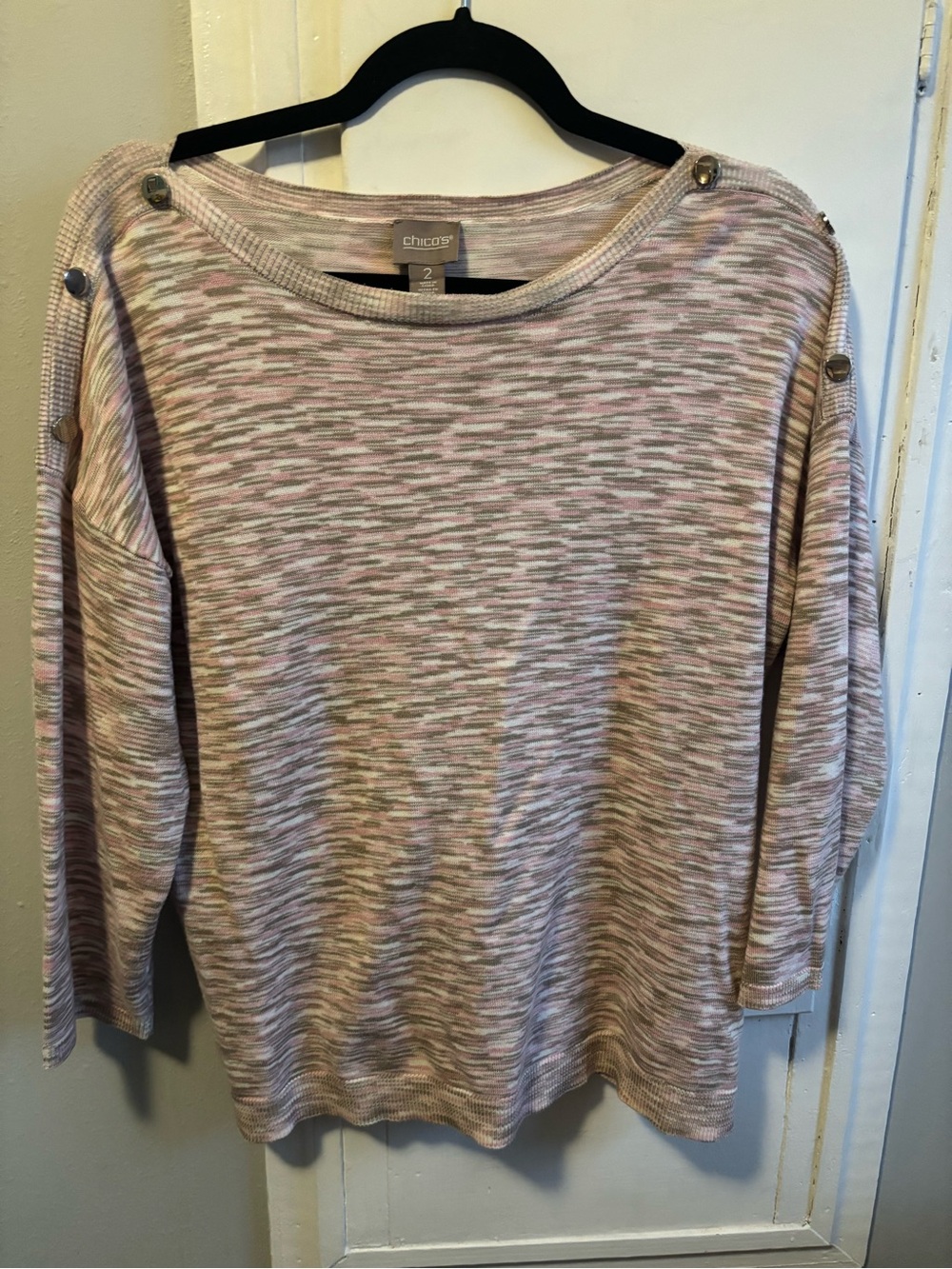 Chico's Heathered Pink & Gray Boatneck Sweater with Shoulder Buttons